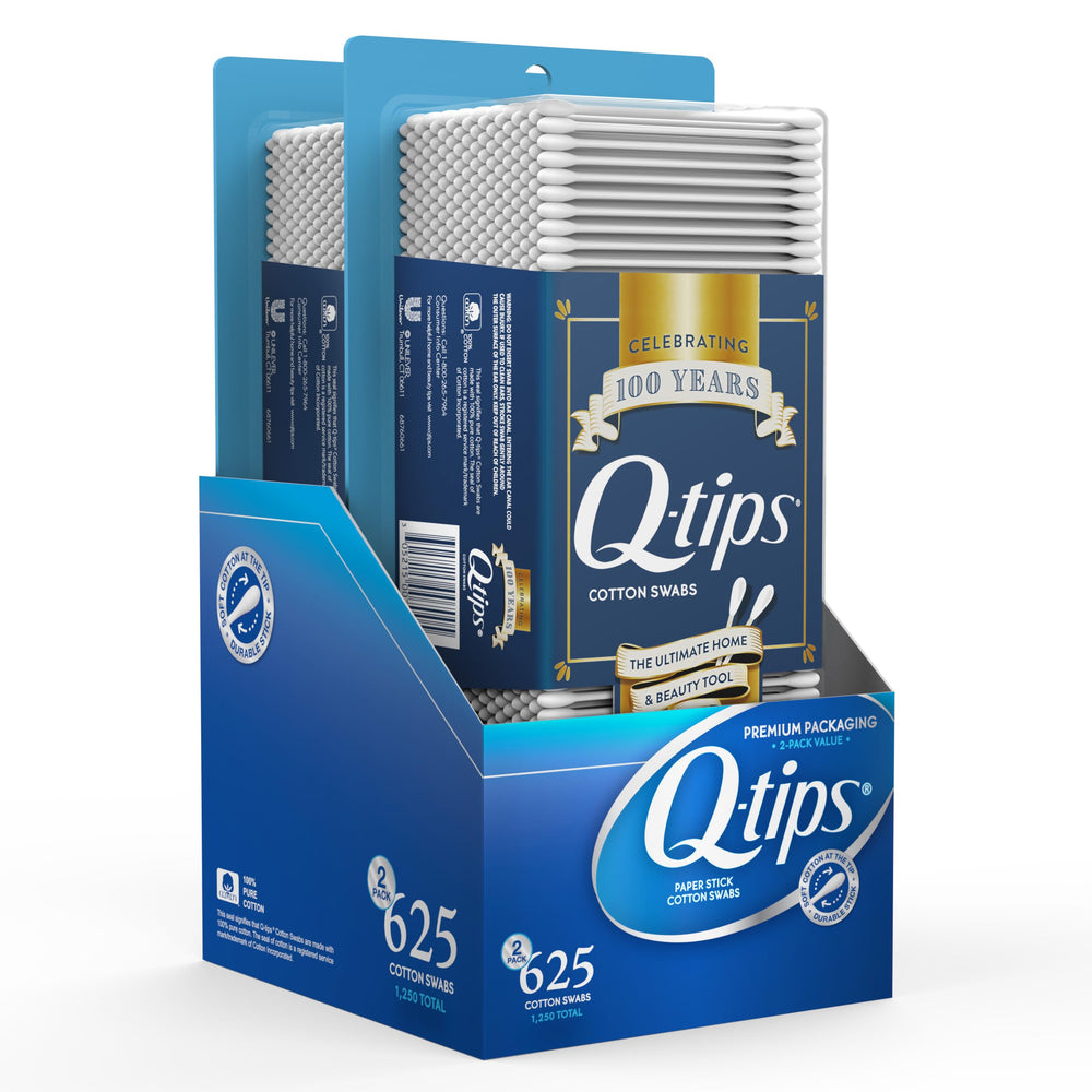 Q-tips coton-tiges – boîte pratique avec 625 tiges pour usage quotidien.