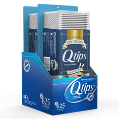 Q-tips coton-tiges – boîte pratique avec 625 tiges pour usage quotidien.