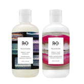 R+Co Television bouteille de shampooing, cheveux lissés en douceur.
