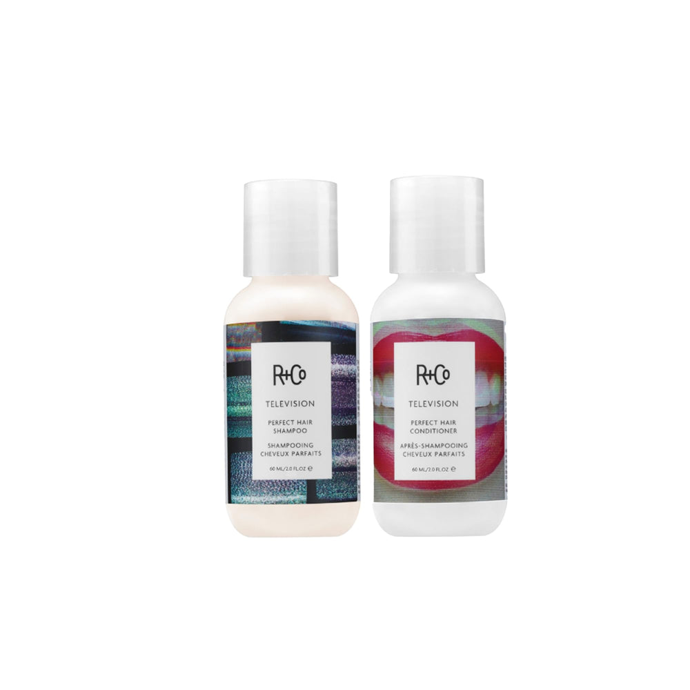R+Co TV Perfect shampooing, bouteille de voyage, brillance et corps possibles.