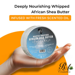 RA COSMETICS Beurre de Karité Fouetté, application corps pour une hydratation durable.