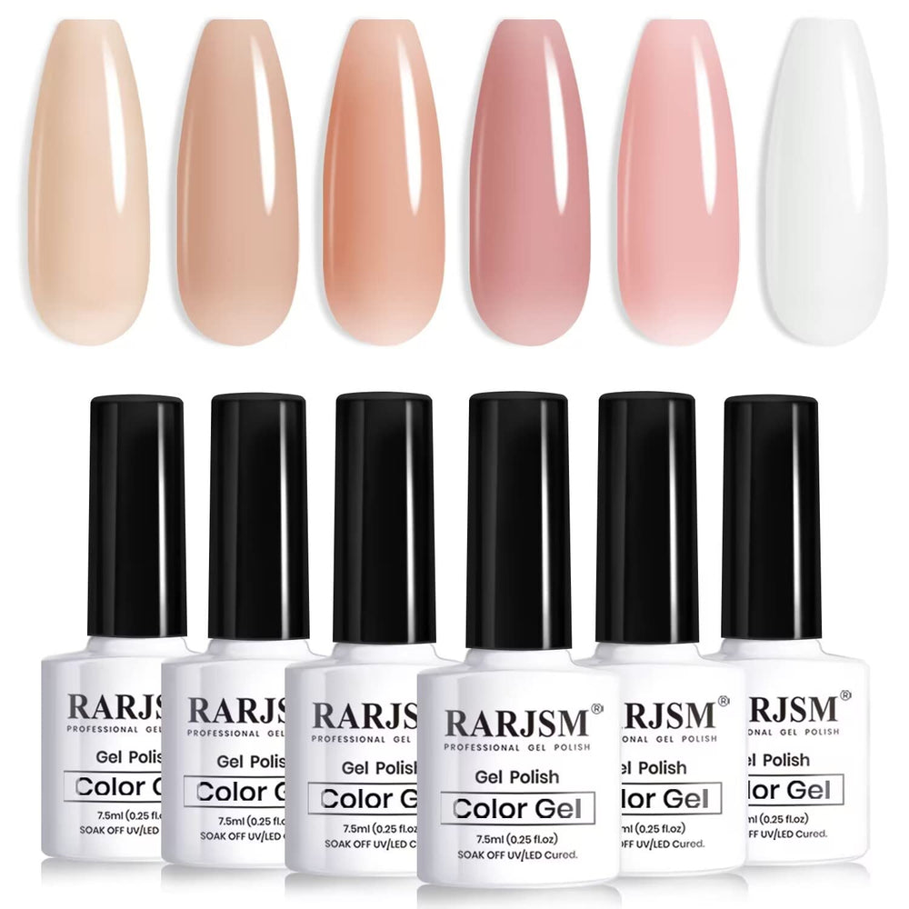 Vernis gel nude RARJSM ensemble transparent pour une manucure naturelle.