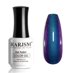 Vernis Gel Chameleon RARJSM en bouteille montrant le changement bleu violet selon la lumière
