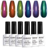 Vernis gel chameleon RARJSM, flacon bleu et violet, effet multichrome captivant sur ongles.