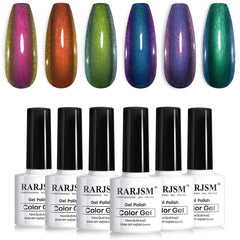 Vernis gel chameleon RARJSM, flacon bleu et violet, effet multichrome captivant sur ongles.