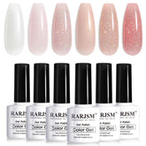 Vernis gel nude RARJSM avec paillettes sur bouteilles.