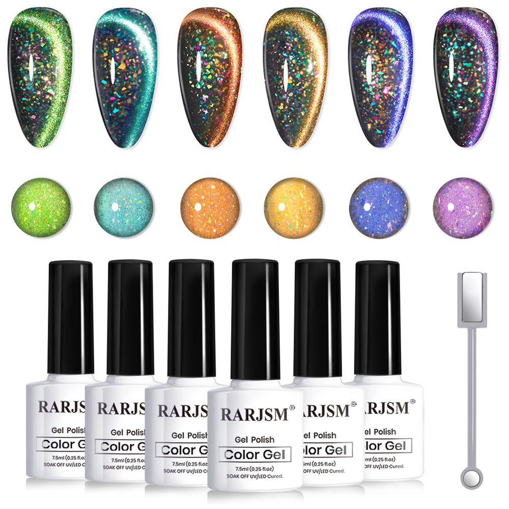 RARJSM Vernis gel œil-de-chat arc-en-ciel sur bouteilles paon, fini holographique captivant.