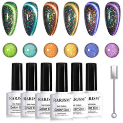 RARJSM Vernis gel œil-de-chat arc-en-ciel sur bouteilles paon, fini holographique captivant.
