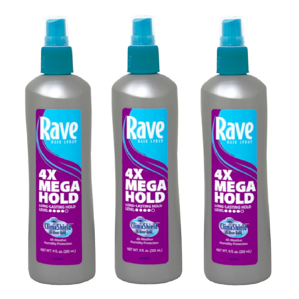 Rave 4x Mega Unscented Pump Hairspray three-pack bottle provides strong hold without scent.