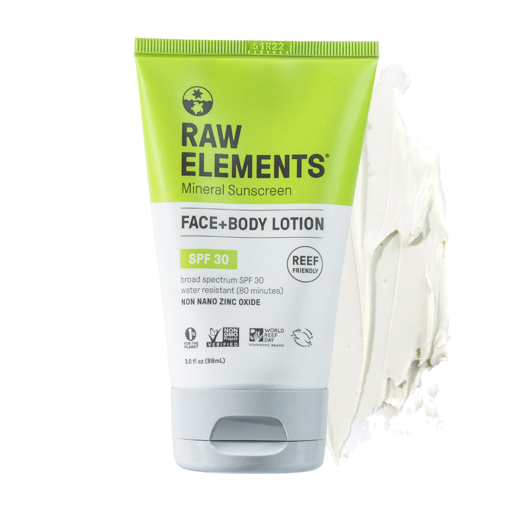 Raw Elements: crème solaire minérale visage et corps SPF30 en tube.