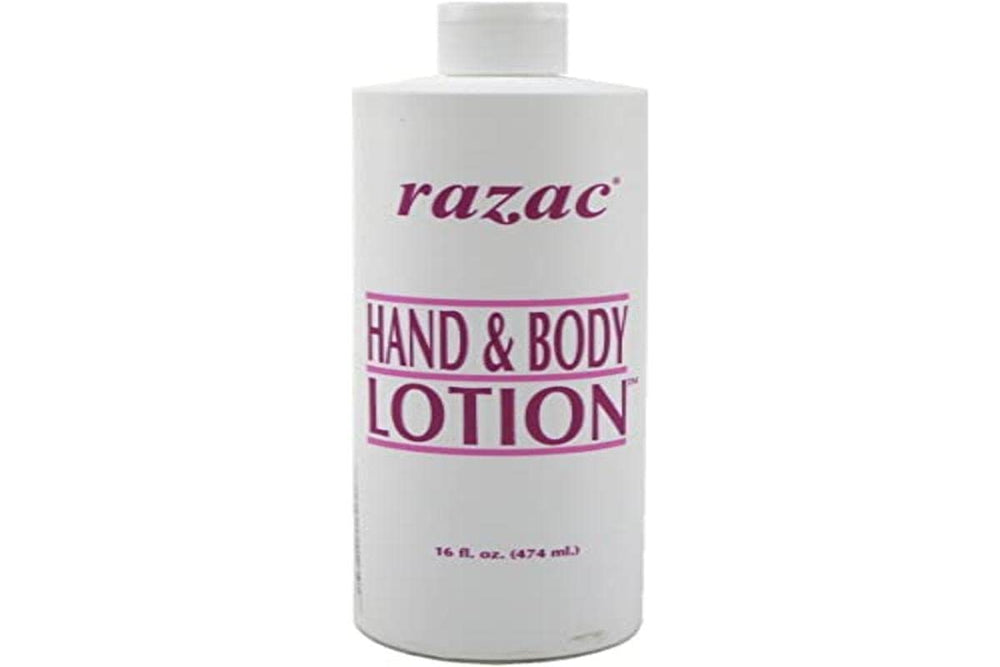 Razac lotion mains et corps; texture légère, hydratation rapide et parfum rafraîchissant.