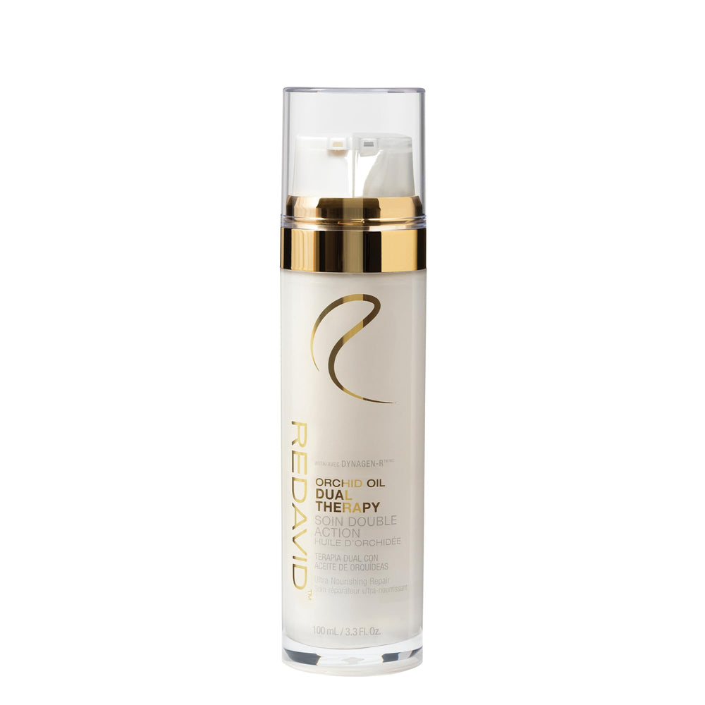 Emballage élégant du duo REDAVID Orchid Oil Dual Therapy prêt à réparer les cheveux abîmés.