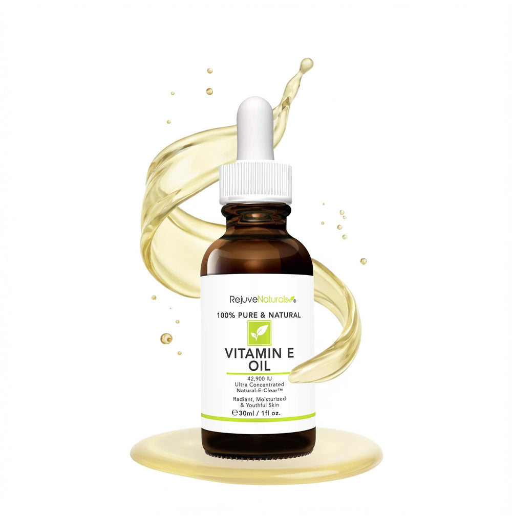 RejuveNaturals huile vitamine E en flacon, soin nourrissant pour la peau.