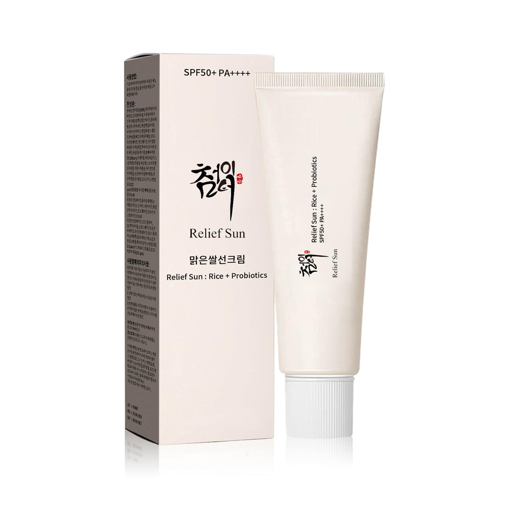 Relief Sun Organic sunscreen bottle highlights rice extract and probiotic formula for daily UV protection