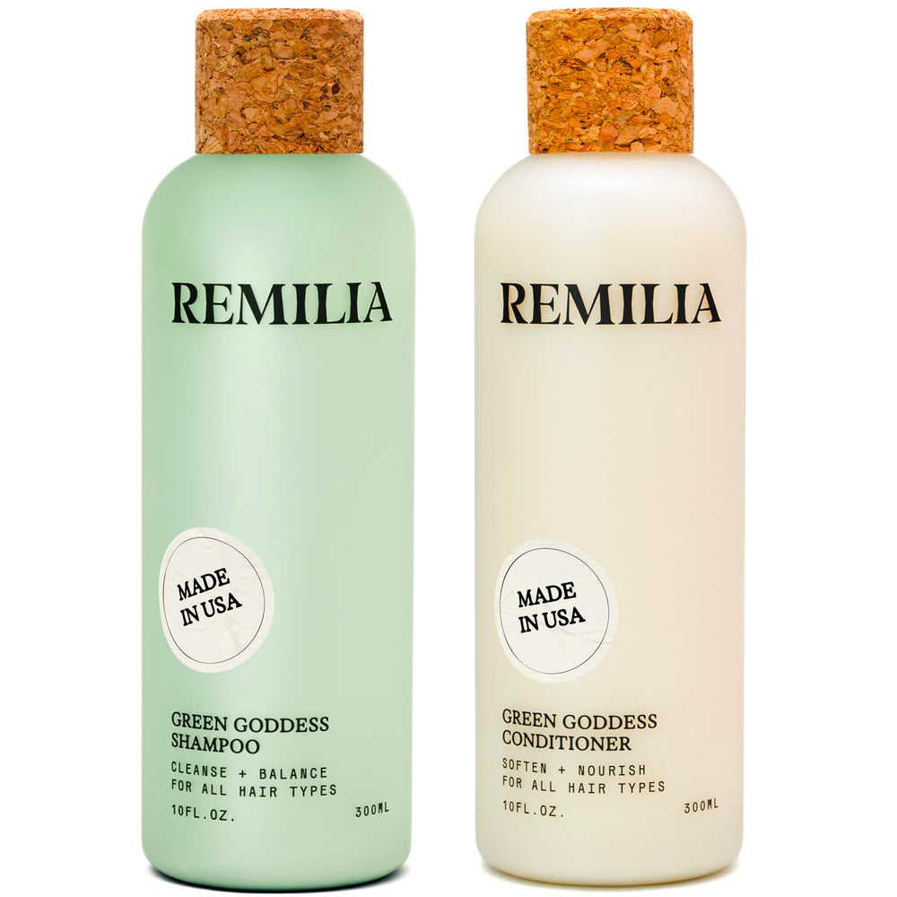 Remilia Hair Green Goddess: duo shampooing et après-shampooing en flacon, soin nourrissant pour cheveux secs
