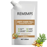 REMIMPI anti hair-loss shampoo bottle shows strengthening formula for less breakage