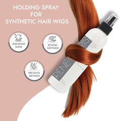 Rene of Paris – Application du spray, fixation uniforme sur perruques synthétiques.