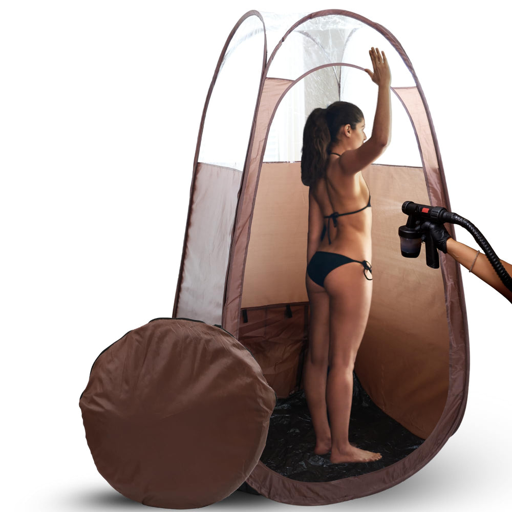 Reneebeautytan tente spray tan grande brun ouverte, lumière naturelle pour une application précise