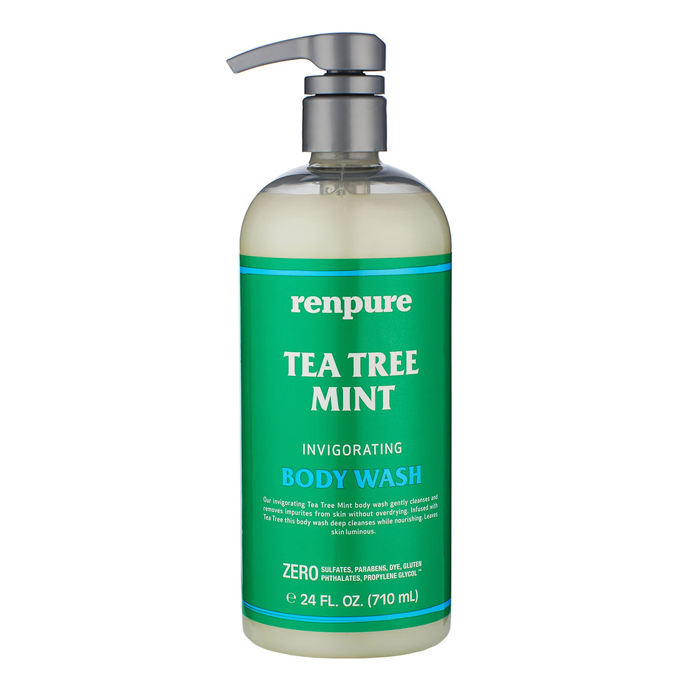 Renpure, bouteille-pompe, huile d arbre à thé et menthe: nettoyage doux pour peau sensible.