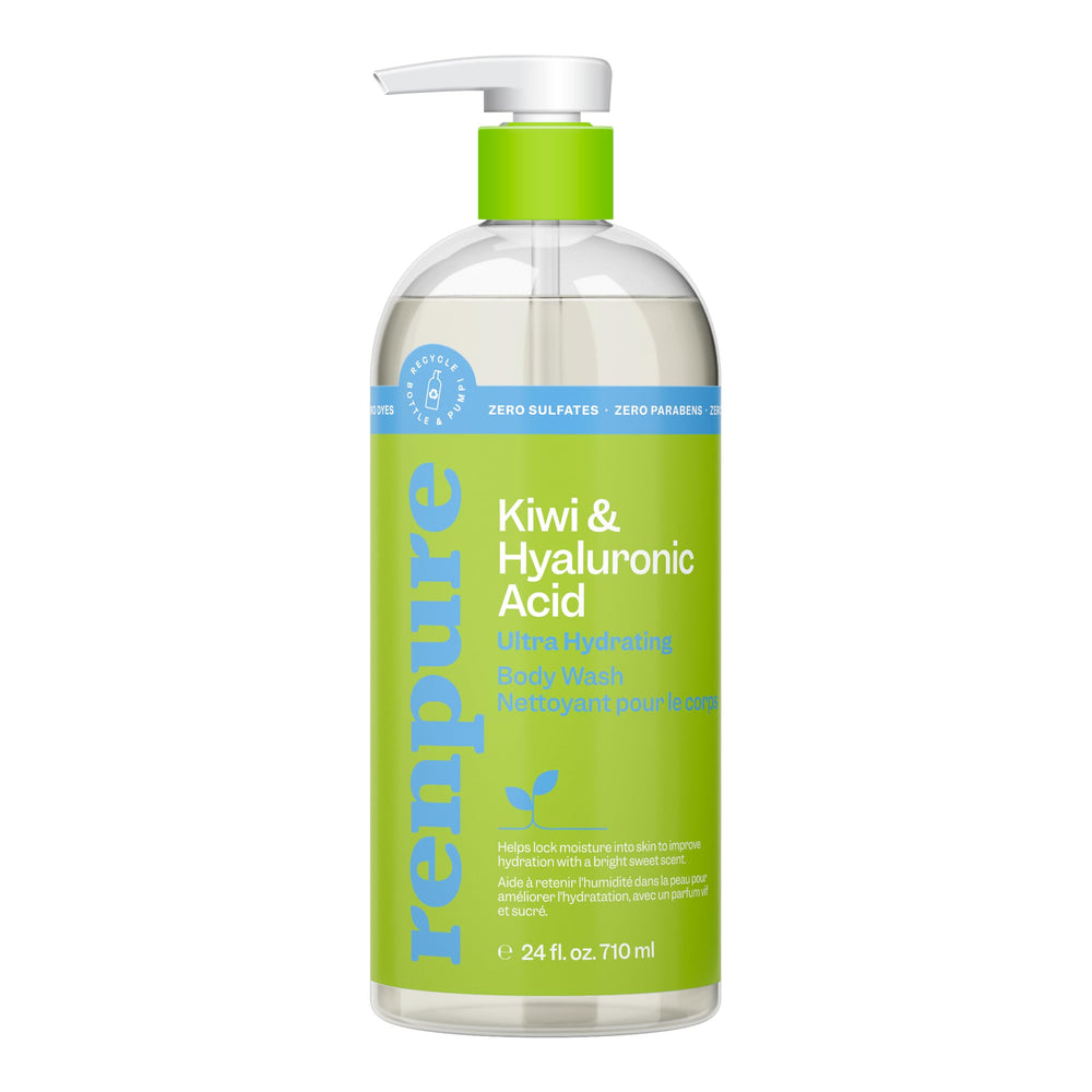 Gel douche RENPURE Kiwi avec hyaluronique et pompe pratique pour hydrater la peau.