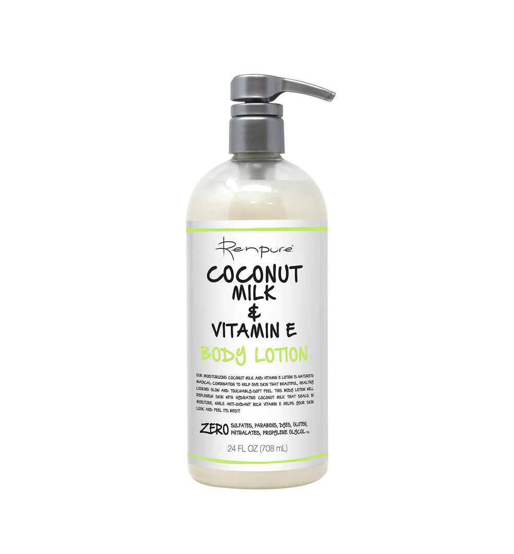 Renpure bouteille crème corporelle au lait de coco et vitamine E, hydratation durable.