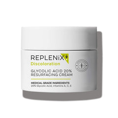 Replenix Crème acide glycolique 20%, bouteil, peau plus lisse et uniforme.