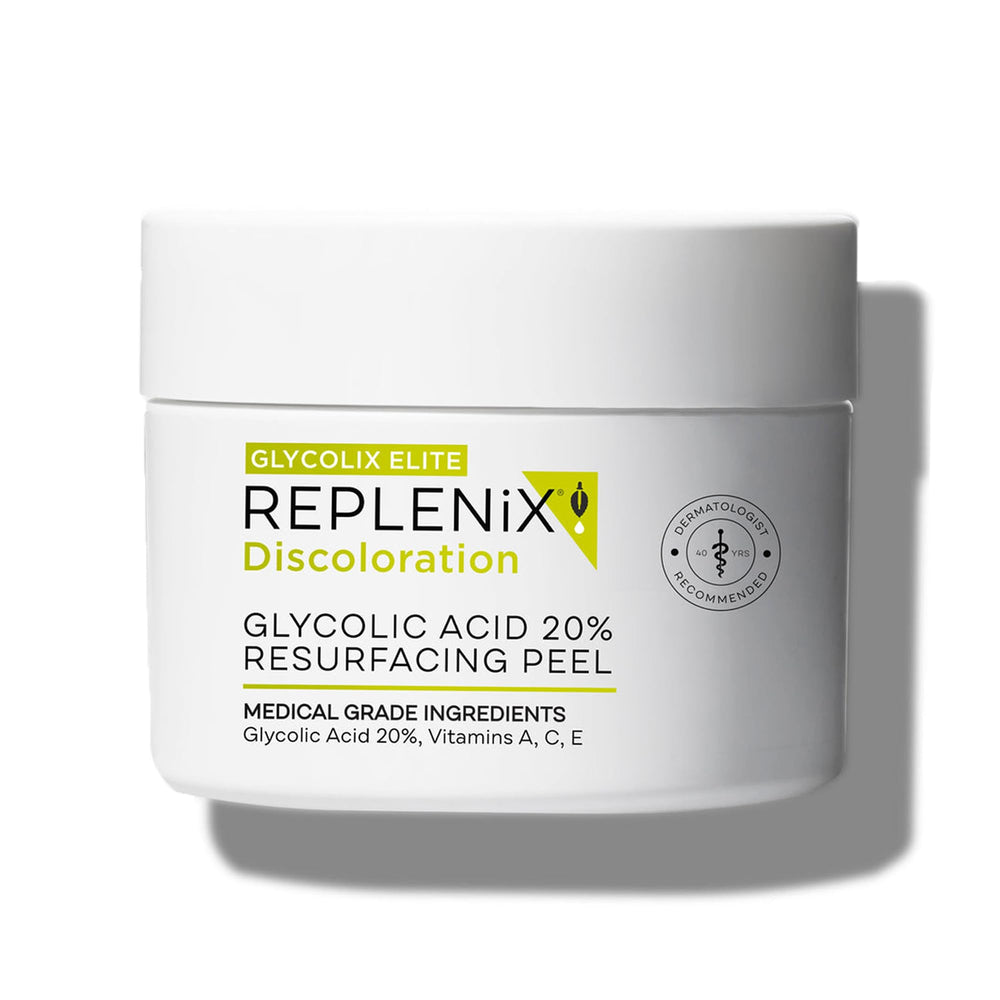 Tampons exfoliants Replenix Glycolix Elite dans leur boîte, pour un teint plus uniforme.