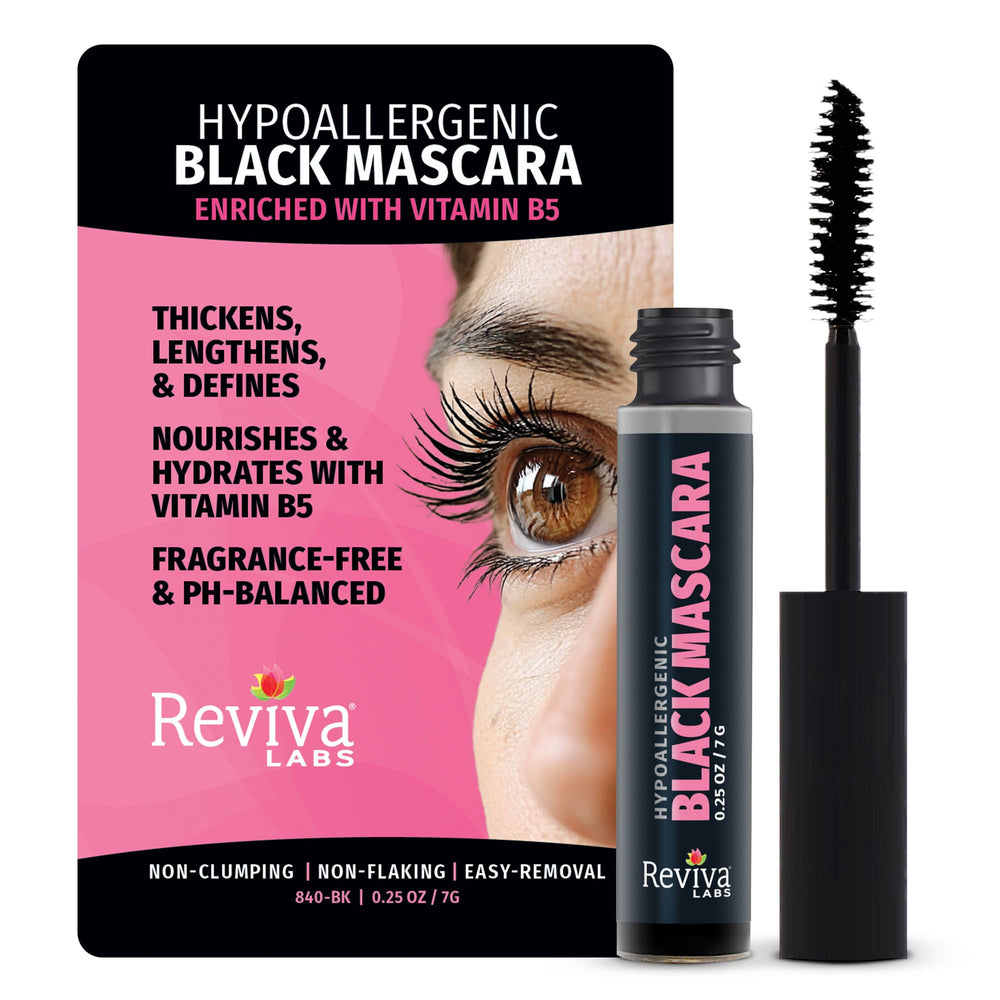 Reviva Labs Mascara hypoallergénique – applicateur doux pour yeux sensibles.