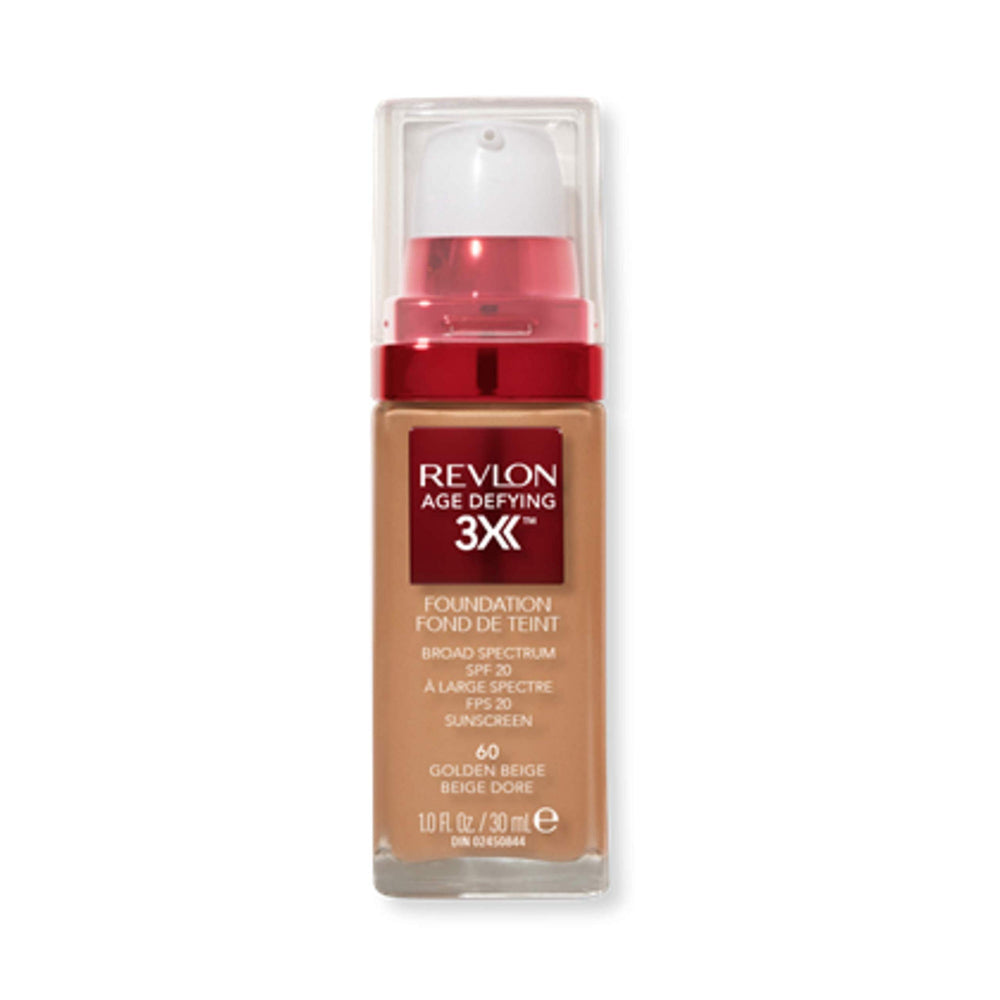 Fond de teint Revlon Age Defying 3X – bouteille élégante prête à l'application quotidienne et hydratante.