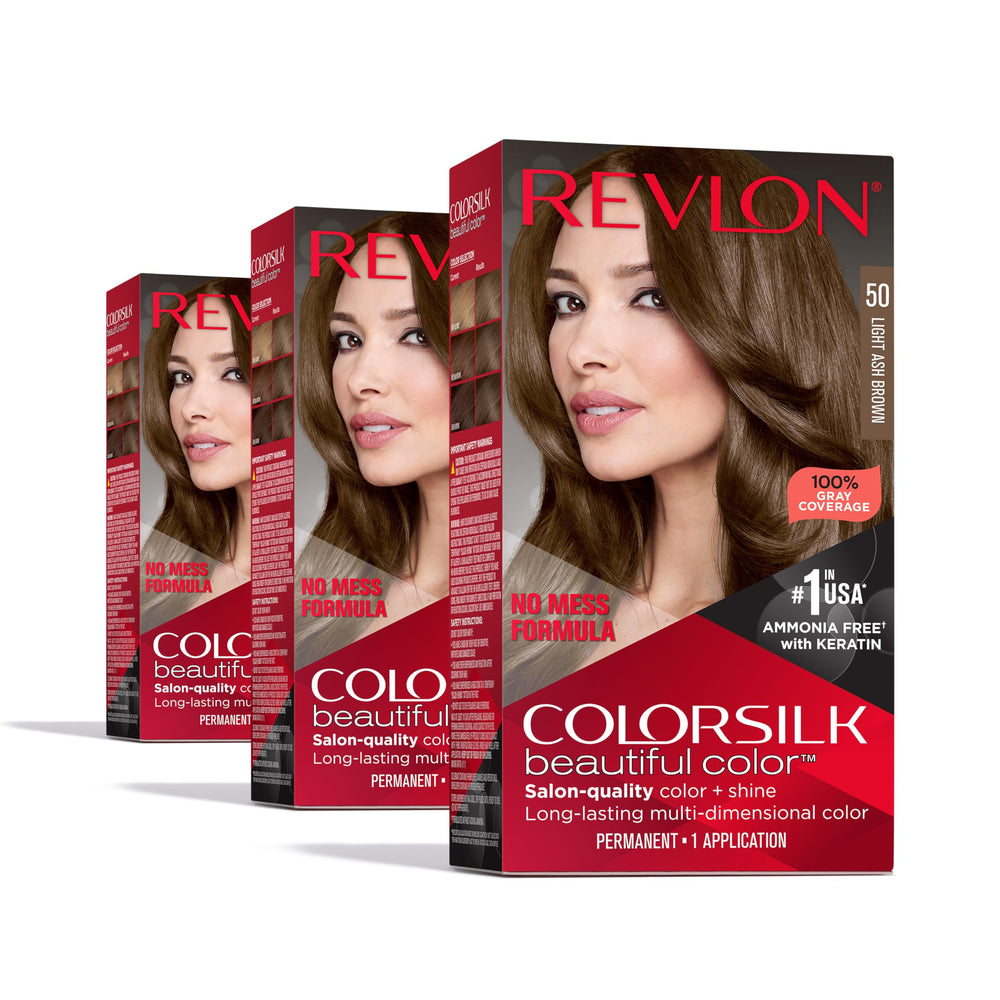 REVLON Colorsilk Chatain-Clair-Cendre, couverture grise à 100% et couleur naturelle lumineuse