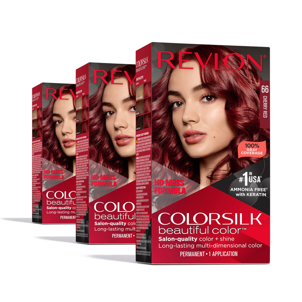 Boîte ColorSilk Revlon couleur cerise rouge 66 offre couvrance et brillance naturelles.