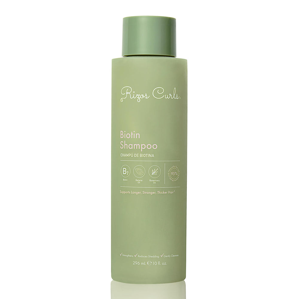Shampoing Biotine Rizos Curls en bouteille, pour des cheveux plus forts et sains.