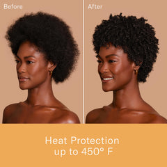 Rizos Curls bottle label highlights 450°F heat protection.
