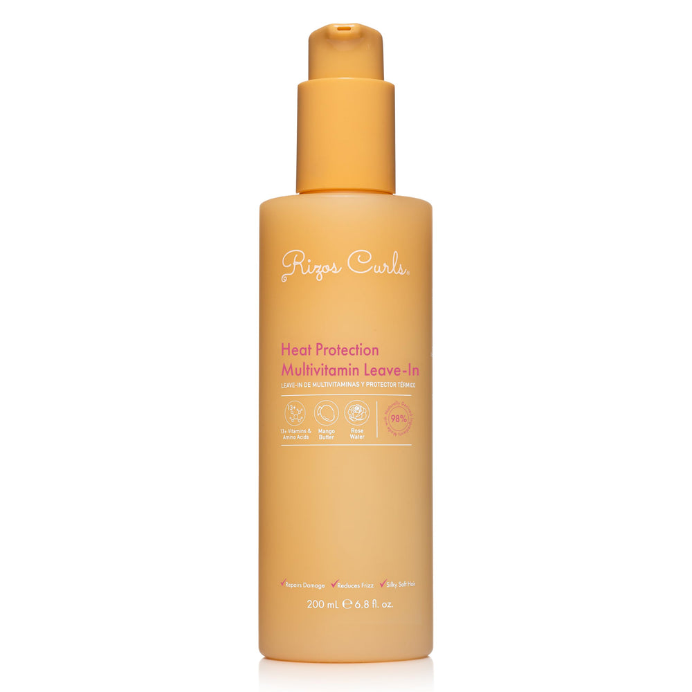 Rizos Curls multivitamin leave-in bottle front highlighting heat protection benefits.