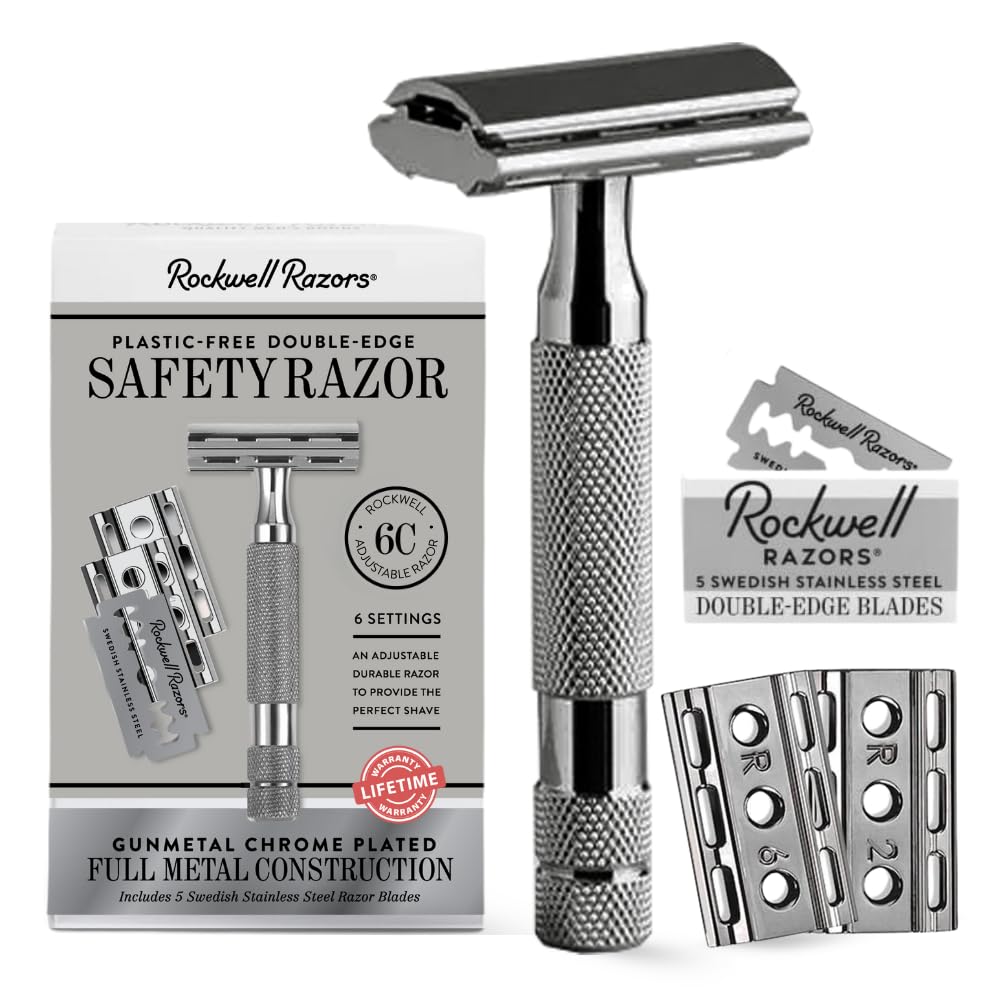 Rasoir Rockwell 6C avec lame double, pour une coupe précise et confortable.