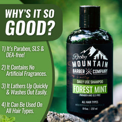 Shampoing Rocky Mountain Barber Company – ingrédients naturels visibles, sans artificiels