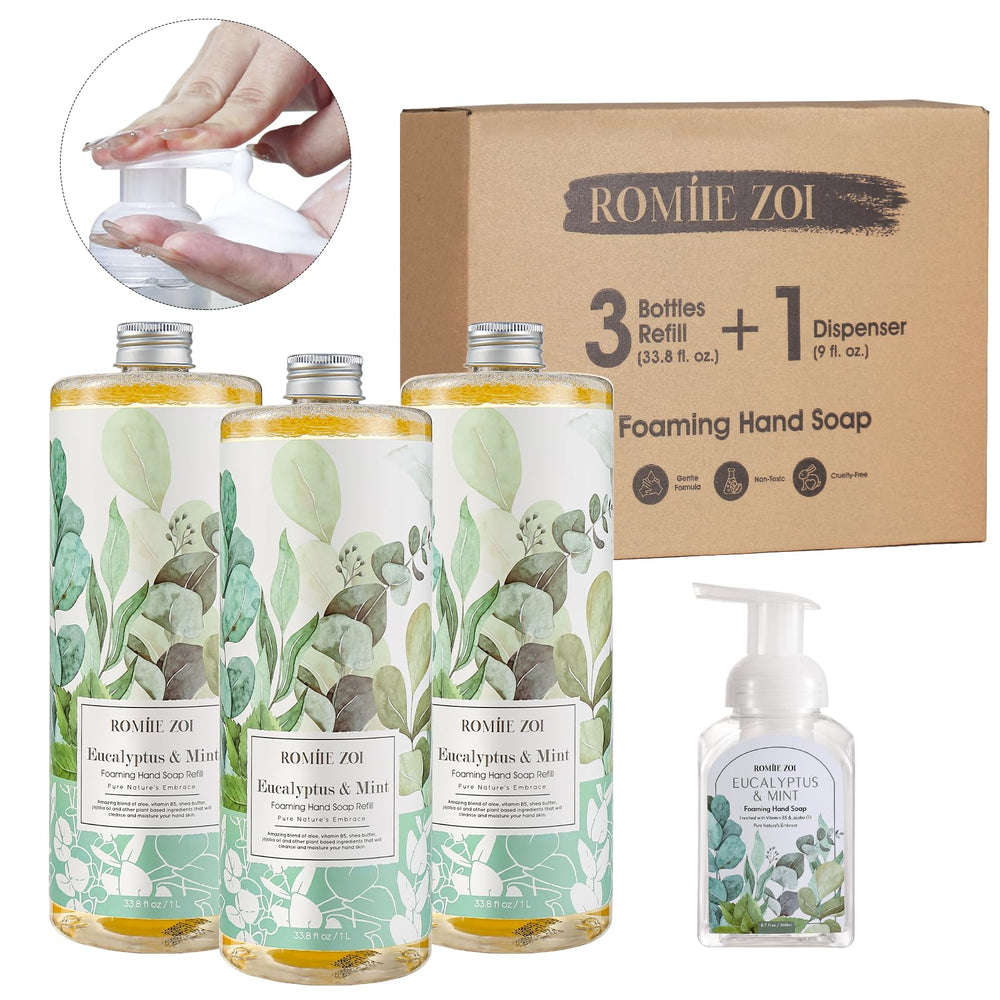 ROMIIE ZOI recharge savon mousse eucalyptus menthe en bouteille pratique pour grands ménages