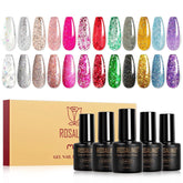 ROSALIND glitter gel polish bottles show the 12-color sparkle set for at-home manicures.