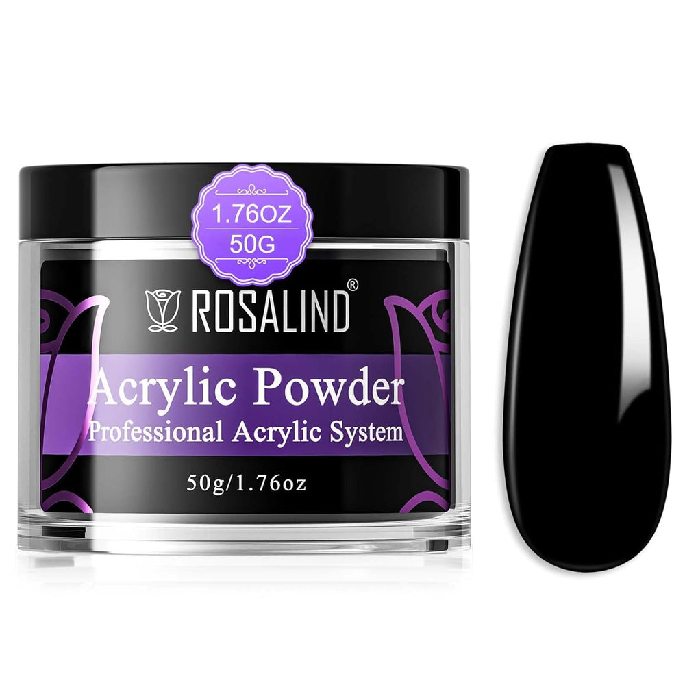 ROSALIND poudre acrylique noire, bouteille 50 g, idéale comme base pour ongles créatifs.