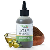 Roselle Naturals Chebe Oil bottle being poured for lightweight scalp nourishment.
