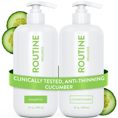 Routine Wellness Shampoing anti-chute: flacon clair, nettoyage en douceur et volume.