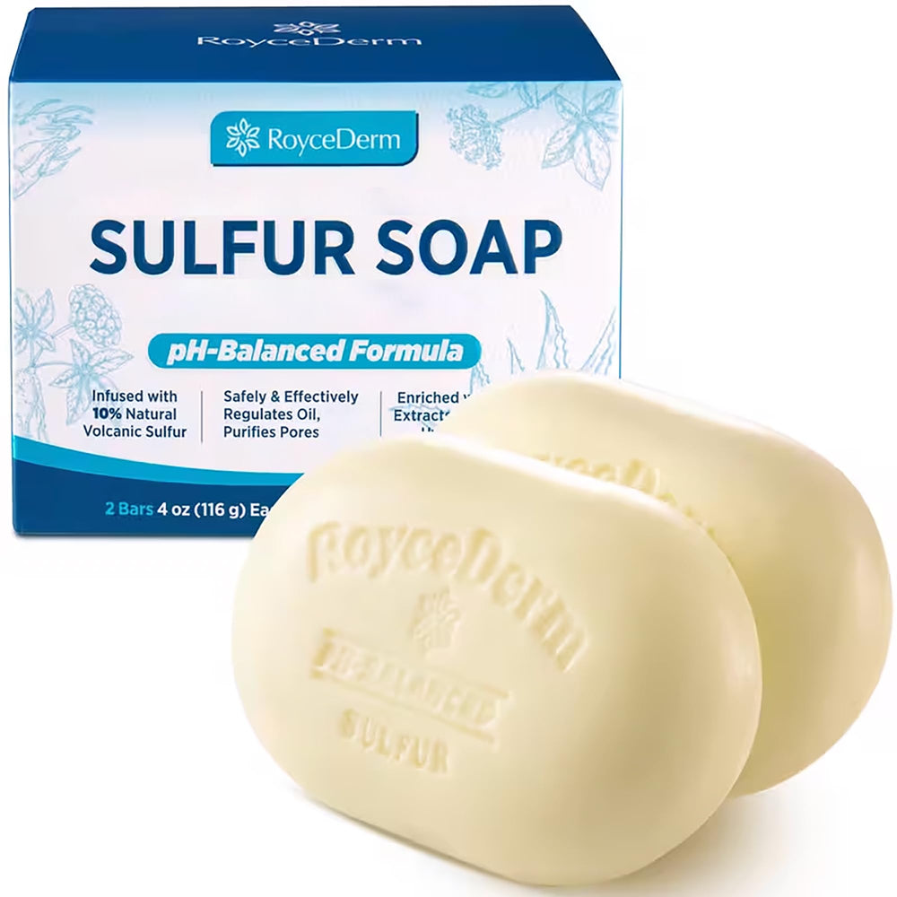 Roycederm savon-soufre-purifiant, barre visible, aide à nettoyer les pores en douceur.