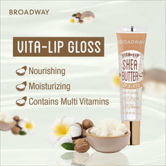 Finition brillance elevee du Broadway Vita-Lip gloss sur les levres.