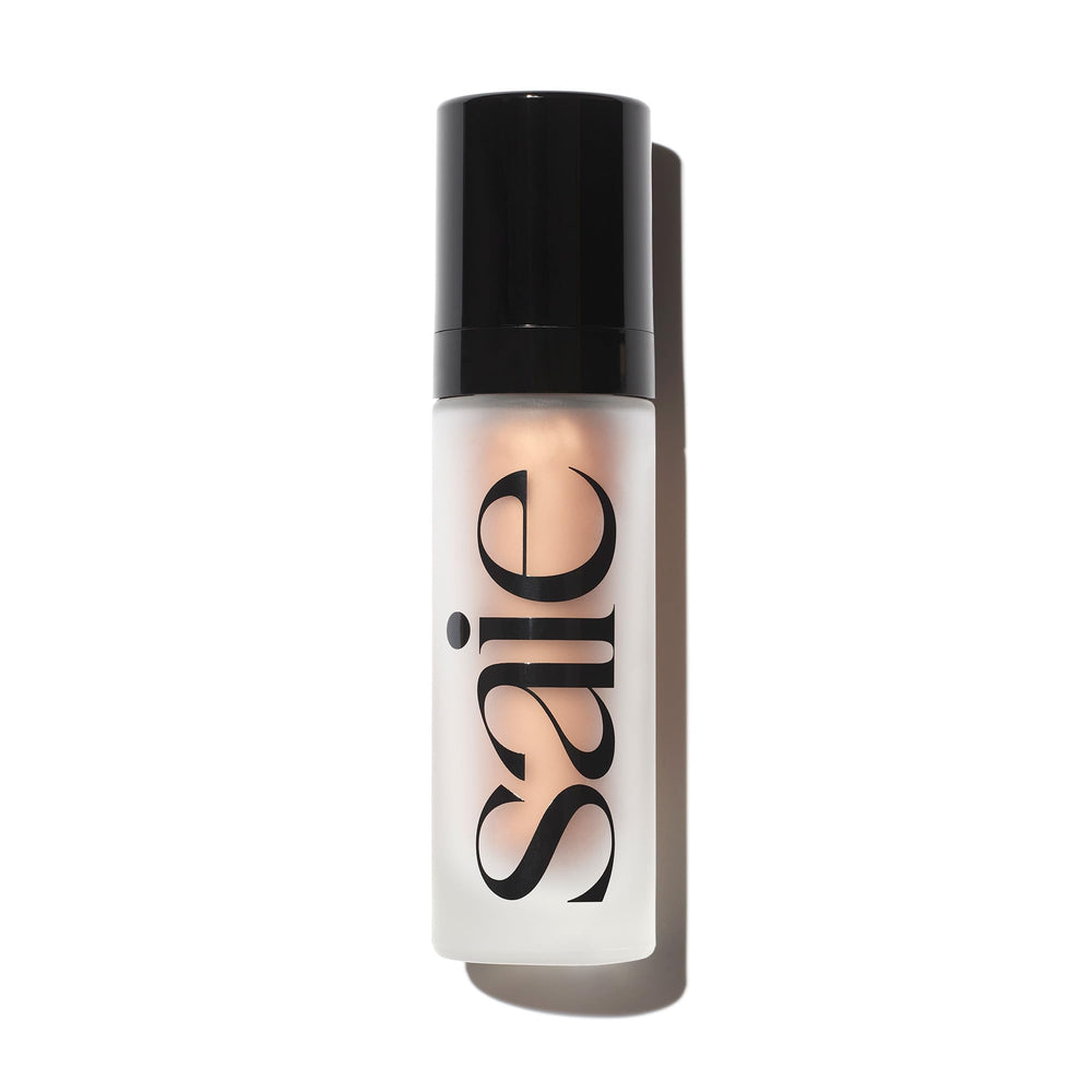 Saie Glowy Super Gel, bouteille à pompe, hydratation et éclat lumineux pour la peau.