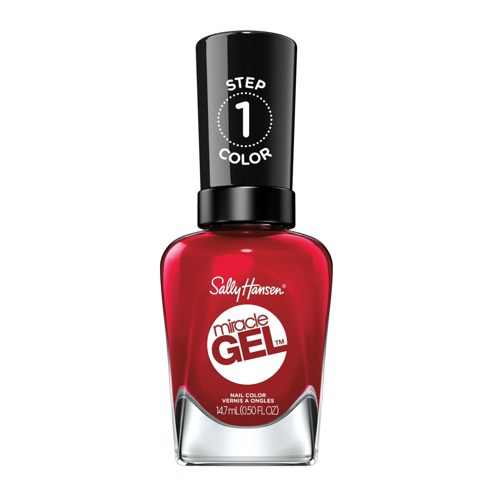 Sally Hansen Miracle Gel rouge 449 Rhapsody, couleur vive prête pour une manucure durable.