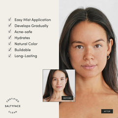 SALTYFACE Eau bronzante poitrine et dos — tenue naturelle et lumineuse.