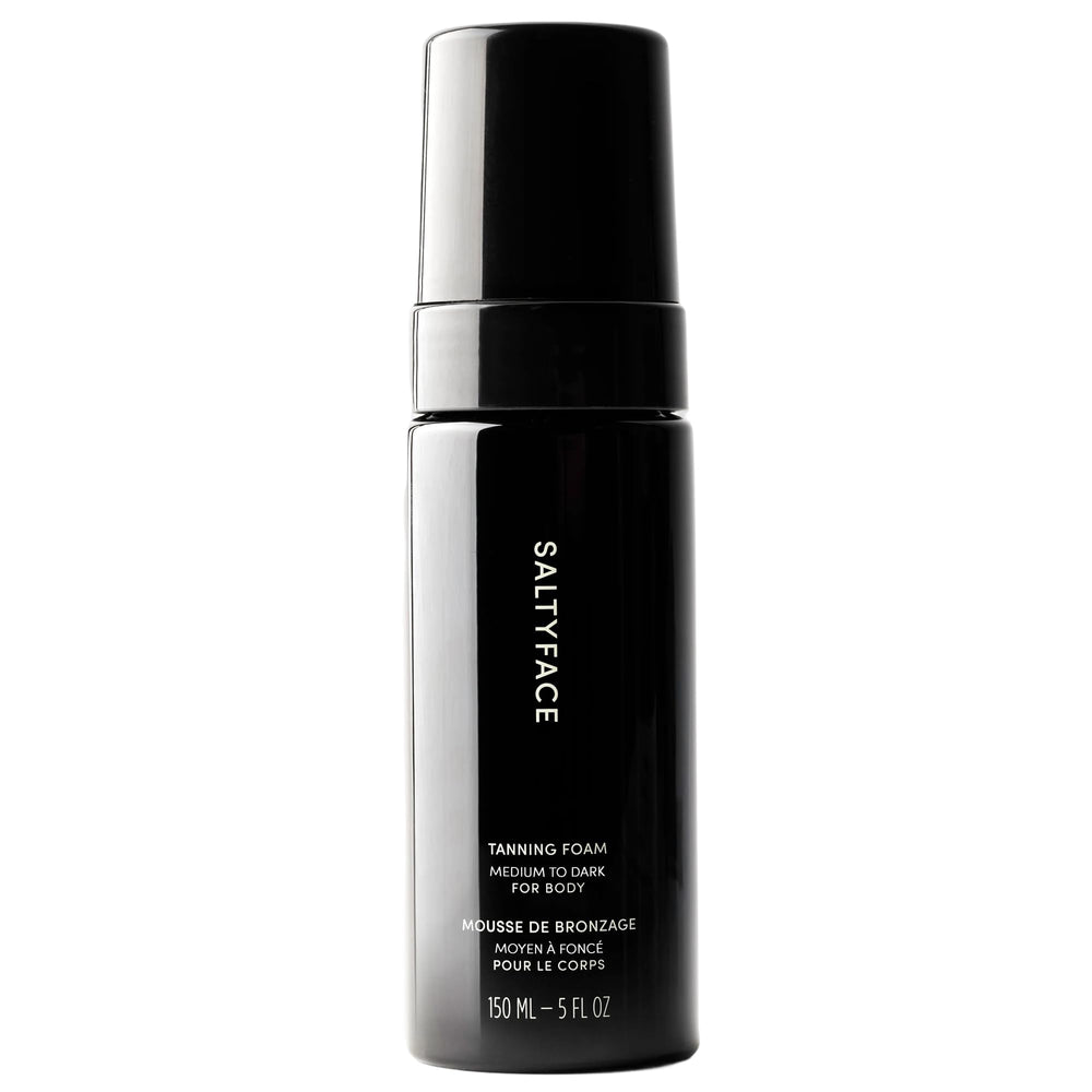 SALTYFACE Mousse Autobronzante, bouteille visible, bronze naturel sans transfert.