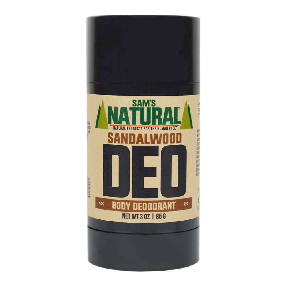 Sam’s Natural Déodorant Santal – bâton solide, parfum boisé apaisant pour une sensation de fraîcheur durable.