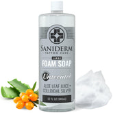 Savon moussant Saniderm en bouteille 32oz pour nettoyer et préparer la peau tatouée.