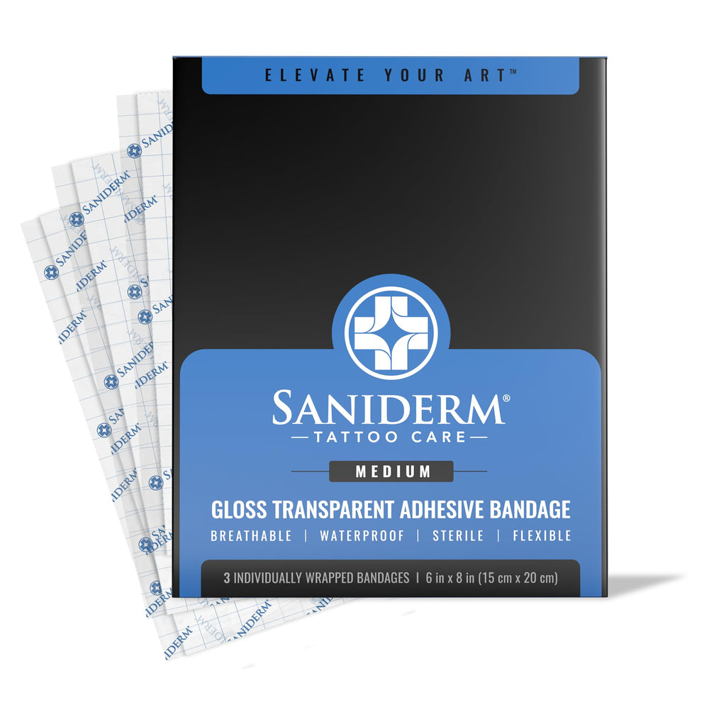 Saniderm Original bandage packaging shown for clean tattoo care